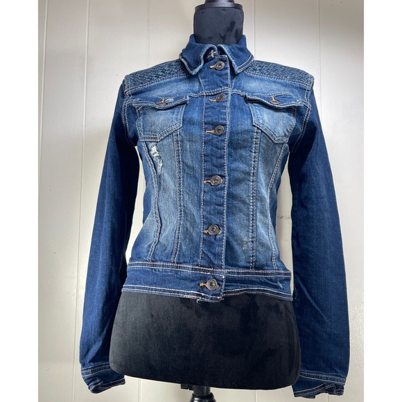 Rue21 Denim Jean Jacket Medium Curvy Fit Blue Distressed - Picture 1 of 16